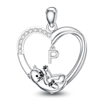 wholesale 925 Sterling Silver Stone Cat Heart Necklace w Initial 26 Alphabets Gift-P Without Chain