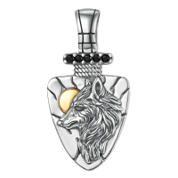 wholesale 925 Sterling Silver Plated  Nordic Fenrir Wolf Head Necklace with Black CZ Stones and Gold Accent - Viking Style Jewelry for Men Women Gifts -wolf Without Chain
