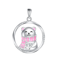 wholesale 925 Sterling Silver Cute Bear Pendant Necklace With Pink Scarf And Heart Charm-Polar Bear Necklace Without Chain