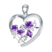wholesale 925 Sterling Silver Heart Pendant Necklace Wholesale With Purple Enamel Flowers-9-September-Morning Glory Without Chain