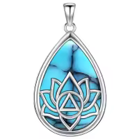 wholesale 925 Sterling Silver Teardrop Turquoise Lotus Flower Pendant Necklaces Wholesale for Women's s-AA-Turquoise Without Chain