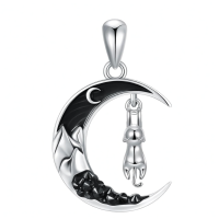 wholesale 925 Sterling Silver Crescent Moon Pendant with Black Enamel and Dangling Cat Charm Necklace-Cat Hanging Without Chain