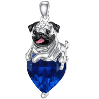 wholesale 925 Sterling Silver Happy Hugging Dog Heart Shape Blue Crystals Pendant Necklace-09-Sep-Sapphire Without Chain