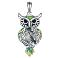 wholesale 925 Sterling Silver Green Moonstone Filigree Owl Pendant Necklace for Women-Moss agate owl necklace Without Chain