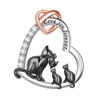 wholesale 925 Sterling Silver Love You Forever Heart Pendant Necklace - Mother and Cats Family -Mama Cat with 2 Kittens-Mama Cat with 2 Kittens Without Chain