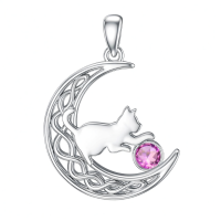 wholesale 925 Sterling Silver Cat And Moon Necklace Wholesale With Ruby Charm-October Without Chain