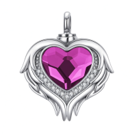 wholesale 925 Sterling Silver Red Crystal Angel Wings Heart Keepsake Pendant Necklace with Funnel and Fill Tool-Silver with Purple Heart Without Chain