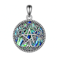 wholesale 925 Sterling Silver Pentagram Tree Of Life Abalone Shell Oval Pendant Necklace-Silver-Tree Pentagram Necklace Without Chain