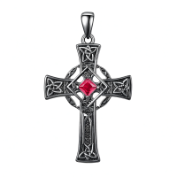wholesale 925 Sterling Silver Garnet Celtic Cross Necklace for Men 22 +2 Chain-Black-July Without Chain