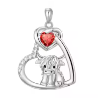 wholesale 925 Sterling Silver Red Garnet & White Cubic Zirconia Scottish Highland Cow Heart Necklace for Women Girls Gifts from Scotland-Cow Heart-Ruby Without Chain