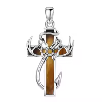 wholesale 925 Sterling Silver Black Enamel Deer Antlers Cross Pendant Necklace with Stainless steel chain for Men -2-10-Tiger Eye Without Chain
