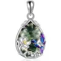 wholesale 925 Sterling Silver Blue Purple Hummingbird Pendant Necklace with Flower Charm-Silver-Hummingbird Necklace with Moss Agate Without Chain