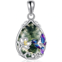 wholesale 925 Sterling Silver Hummingbird Flower Pendant Necklace-Silver-Hummingbird Necklace with Moss Agate Without Chain