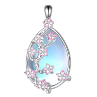 wholesale 925 Sterling Silver Pink Flower Tree of Life Moonstone Teardrop Heart Pendant Necklace for Women-Flower Necklace Without Chain