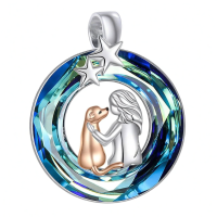 wholesale 925 Sterling Silver Blue Crystal Moon & Stars Dog and Girl Urn Keepsake Locket Necklace for Ashes - Pet Memorial s-Urn necklace Without Chain