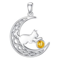 wholesale 925 Sterling Silver Cat And Moon Necklace Wholesale With Ruby Charm-November Without Chain