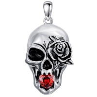 wholesale 925 Sterling Silver Skull Rose Red Stone Pendant Necklace for Women Men-Skull Without Chain