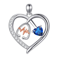 wholesale 925 Sterling Silver Gemstone Heart Stethoscope Pendant Necklace for Women-A9:September-Sapphire Without Chain