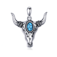 wholesale 925 Sterling Silver Turquoise Bull Skull Pendant Necklace-Bull Skull Without Chain