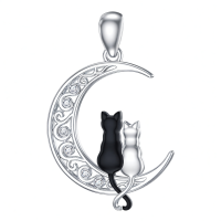 wholesale 925 Sterling Silver Crescent Moon Cat Pendant-Two Cats&Auspicious Cloud Without Chain