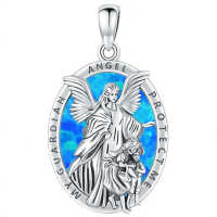 wholesale 925 Sterling Silver Guardian Angel Pendant Necklace Wholesale With Blue Enamel Inlay And Child Motif-Style D-Guardian Angel Without Chain