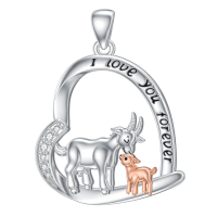 wholesale 925 Sterling Silver Goat Mother Baby Heart I Love You Forever Pendant Necklace-01-Mother Daughter Goat Necklace Without Chain