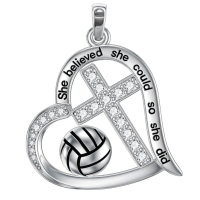 wholesale 925 Sterling Silver Engraved Volleyball Heart Cross Pendant Necklace for Women-Customized Volleyball Necklace-Volleyball Without Chain