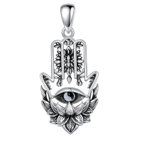 wholesale 925 Sterling Silver Hamsa Hand Evil Eye Lotus Pendant Necklace-Hamsa Lotus Without Chain