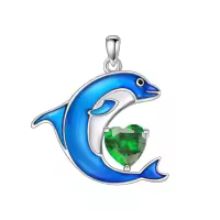 wholesale 925 Sterling Silver Birthstone Blue Dolphin Pendant Necklace-May Without Chain