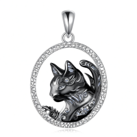 wholesale 925 Sterling Silver Cat Pendant Necklace Wholesale With Intricate Design-B-Black Cat Without Chain