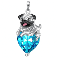 wholesale 925 Sterling Silver Happy Hugging Dog Heart Shape Blue Crystals Pendant Necklace-03-Mar-Aquamarine Without Chain