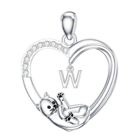 wholesale 925 Sterling Silver Stone Cat Heart Necklace w Initial 26 Alphabets Gift-W Without Chain