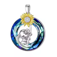 wholesale 925 Sterling Silver Sunflower & Elephant Pendant Necklaces for Women - Rainbow Crystal Birthstone Gift Ideas-A01-Blue Crystal Without Chain
