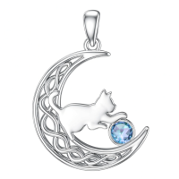 wholesale 925 Sterling Silver Cat And Moon Necklace Wholesale With Ruby Charm-March Without Chain