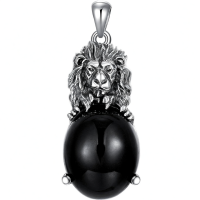 wholesale 925 Sterling Silver Lion Head Black Onyx Pendant Necklace For Men-Lion Without Chain