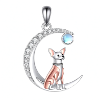 wholesale 925 Sterling Silver Moon & Corgi Charm Necklace with Blue Topaz Gemstone  for Women and Girls-Chihuahua Necklace Without Chain