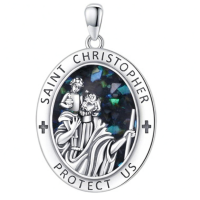 wholesale 925 Sterling Silver Archangel Medals St Pendant Necklace for Men Women-22-St Christopher(oval crushed abalone shell) Without Chain