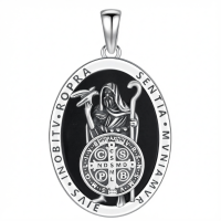 wholesale 925 Sterling Silver Archangel Medals St Pendant Necklace for Men Women-11-St Benedict(oval obsidian-silver) Without Chain