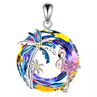 wholesale 925 Sterling Silver Pink Flamingo & Blue Palm Tree Crystal Pendant Necklace-Flamingo-Volcano Without Chain