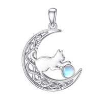wholesale 925 Sterling Silver Cat And Moon Necklace Wholesale With Ruby Charm-Moonstone Without Chain