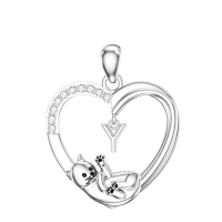 wholesale 925 Sterling Silver Stone Cat Heart Necklace w Initial 26 Alphabets Gift-Y Without Chain