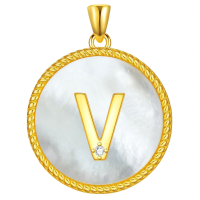 wholesale Gold 925 Sterling Silver Mother of Pearl Initial V Pendant Necklace for Women-Letter V Without Chain