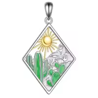 wholesale 925 Sterling Silver Desert Sun Cactus Pendant Necklace Wholesale with Green Enamel and Gold Accents-Cactus Without Chain