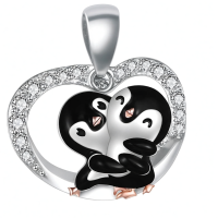 wholesale 925 Sterling Silver Enamelled Pendants For Women Heart Shaped Pendant With Two Cute Penguins-Penguin Necklace Without Chain