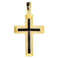wholesale Gold 925 Sterling Silver Cross Pendant Necklace with Black Enamel and CZ Accents on Rolo Chain for Men (24)-Gold Without Chain