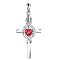 wholesale 925 Sterling Silver Birthstone Cross Pendant Necklace for Women-January-Red Without Chain