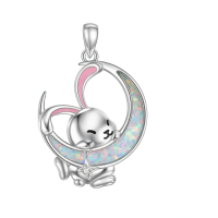 wholesale 925 Sterling Silver Opal Moon Pendant Necklace w/ Rabbit & Star Charm for Women's Gifts-Bunny Necklace Without Chain