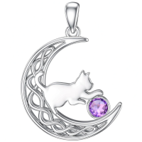 wholesale 925 Sterling Silver Cat And Moon Necklace Wholesale With Ruby Charm-February Without Chain