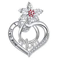 wholesale 925 Sterling Silver I Love You Mom Heart Pendant Necklaces with Red Crystal Flowers and Cubic Zirconia Stones Gifts for Mother's Day Birthday Christmas Anniversary-12-December-Holly Without Chain