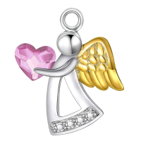 wholesale 925 Sterling Silver Red Heart & Gold Wings Guardian Angel Pendant Necklace for Women's Birthdays Gifts-Pink Without Chain